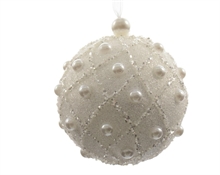 PALLINA PER ALBERO BIANCA GLITTER CON PERLE 8 CM