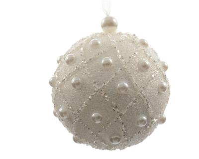 PALLINA PER ALBERO BIANCA GLITTER CON PERLE 8 CM