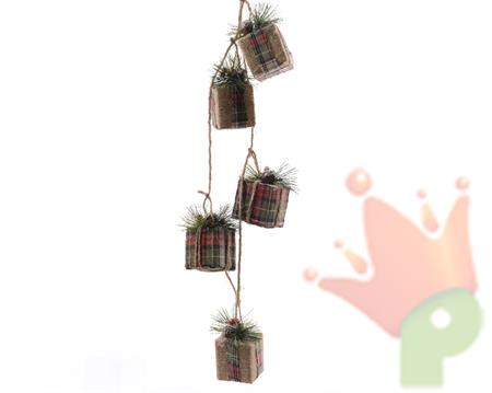 PENDENTE GHIRLANDA PACCHI REGALO JUTA SCOZZESE CON PINO 120 CM