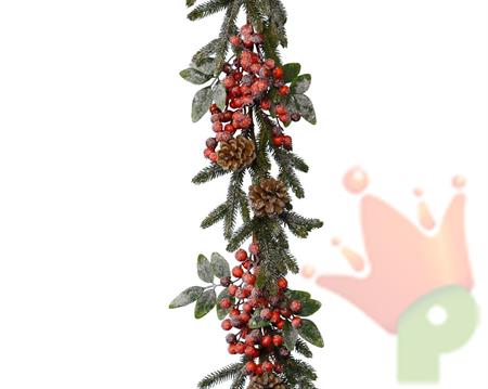 GHIRLANDA NATALIZIA CON BACCHE PIGNE INNEVATE 176 CM