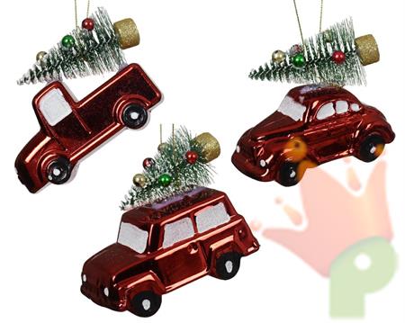 PENDENTE NATALIZIO AUTO CON ALBERO 3 ASS 10X5,5 CM