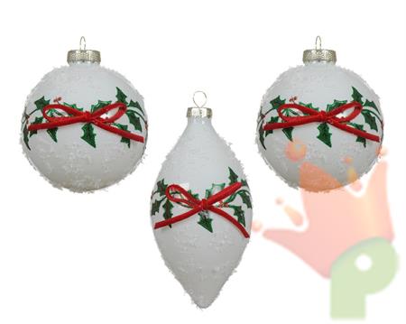 PALLINA DI NATALE BIANCA DECORO AGRIFOGLIO 8 CM 3 ASS