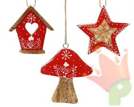 PENDENTE PER ALBERO IN LEGNO CASETTA/STELLA/FUNGO 1 PZ 8CM