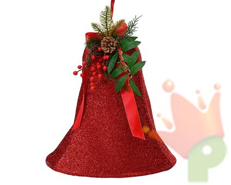 CAMPANA IN POLIESTERE ROSSA CON FIOCCO E FOGLIE 37XH.40 CM