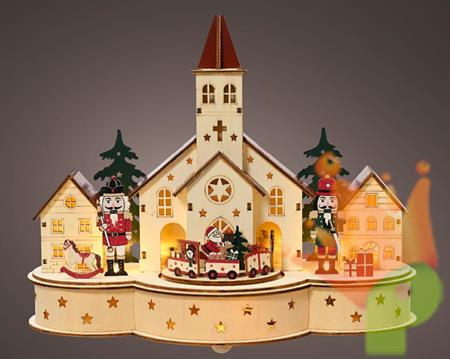 VILLAGGIO DI NATALE CHIESA IN LEGNO CON TRENO E SCHIACCIANOCI