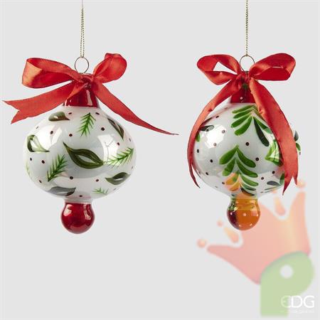 PALLINA DI NATALE VETRO FORMA TROTTOLA DECORO FOGLIE H.12X8CM