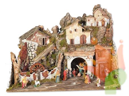 PRESEPE CON LUCI MULINO A POMPA E NATIVITA' 13 PZ 10 CM 76X40X54