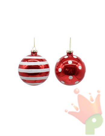 PALLINA DI NATALE VETRO ROSSO RIGHE/POIS 10 CM