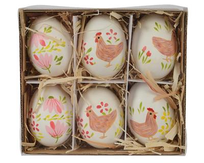 UOVA DA APPENDERE DECORO FIORI / GALLINA 6 PZ 4XH.6 CM