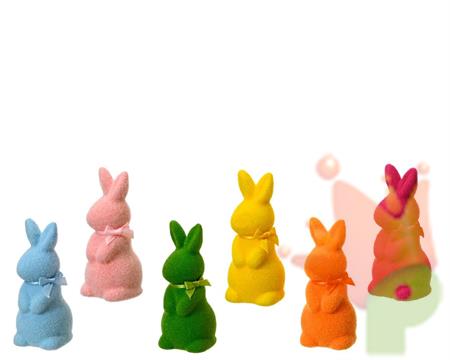 CONIGLIETTO IN SCHIUMA FLOCCATO MONOCOLORE CON FIOCCHETTO 1 PZ