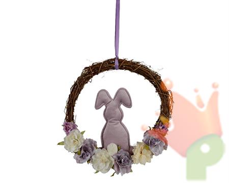 GHIRLANDA CORONA FUORIPORTA PASQUA CON CONIGLIETTO E FIORI 27 CM