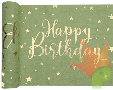 RUNNER TAVOLO VERDE OLIVA HAPPY BIRTHDAY ORO 28CMX3MT