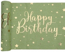 RUNNER TAVOLO VERDE OLIVA HAPPY BIRTHDAY ORO 28CMX3MT