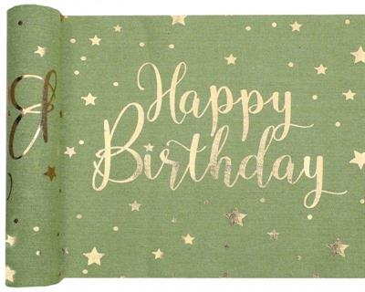 RUNNER TAVOLO VERDE OLIVA HAPPY BIRTHDAY ORO 28CMX3MT