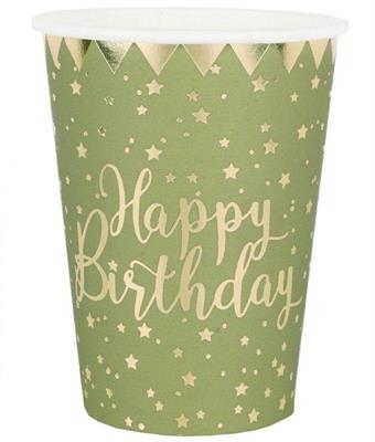 BICCHIERI IN CARTA VERDE OLIVA HAPPY BIRTHDAY ORO 10 PZ 27 CL