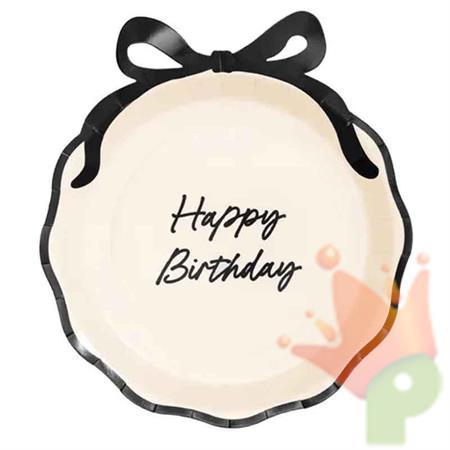 PIATTI HAPPY BIRTHDAY CREMA CON FIOCCO BORDO NERO 6 PZ 24 CM