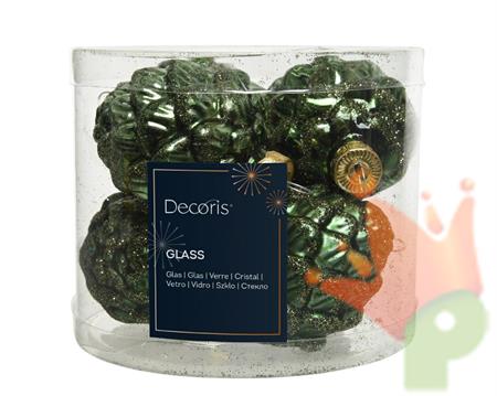 PENDENTI IN VETRO PIGNE VERDE PINO GLITTER 7X5 CM 6 PZ