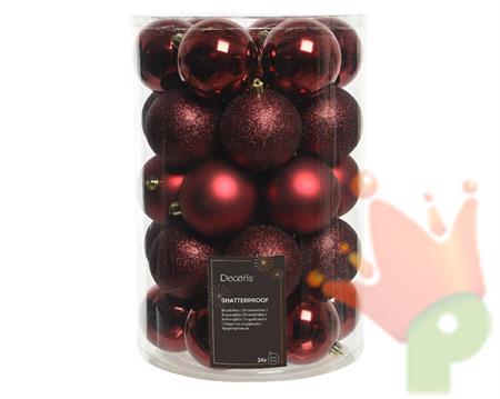 PALLINE DI NATALE BORDEAUX LUCIDE OPACHE GLITTER 8 CM 34 PZ