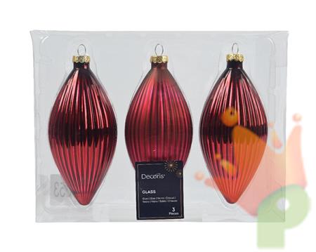PENDENTI NATALIZI IN VETRO FORMA OLIVA BORDEAUX 13 CM 3 PZ