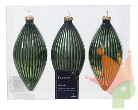 PENDENTI NATALIZI IN VETRO FORMA OLIVA VERDE 13 CM 3 PZ
