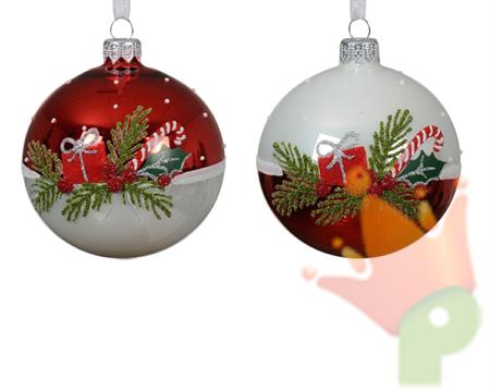 PALLINA DI NATALE IN VETRO BIANCO/ROSSO DECORATA 8 CM