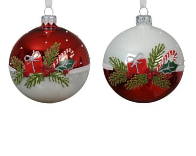 PALLINA DI NATALE IN VETRO BIANCO/ROSSO DECORATA 8 CM