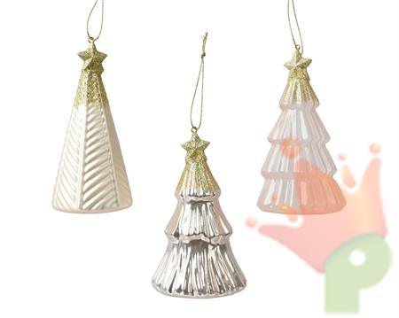 PENDENTE NATALIZIO IN VETRO ALBERO ROSA CON STELLA E GLITTER