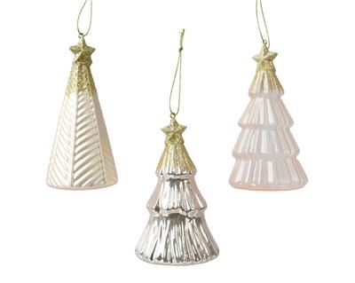 PENDENTE NATALIZIO IN VETRO ALBERO ROSA CON STELLA E GLITTER