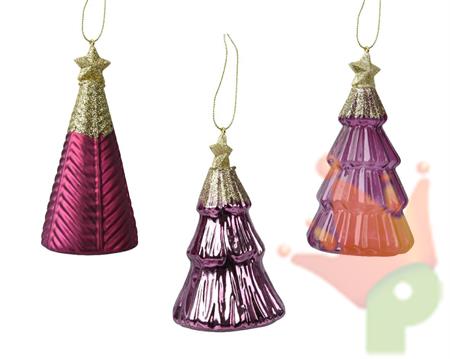 PENDENTE NATALIZIO IN VETRO ALBERO FUCSIA CON STELLA E GLITTER