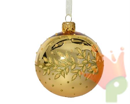 PALLINA DI NATALE IN VETRO ORO CON DECORO FOGLIE GLITTER 8 CM