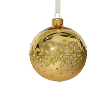 PALLINA DI NATALE IN VETRO ORO CON DECORO FOGLIE GLITTER 8 CM