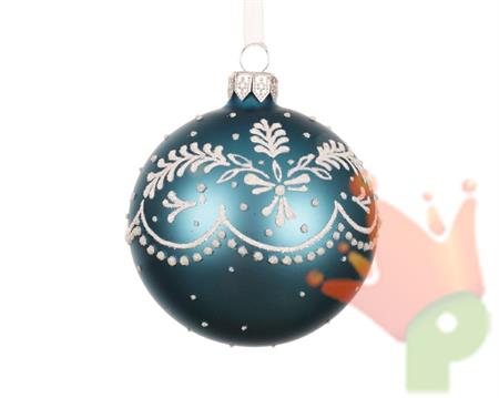 PALLINA DI NATALE IN VETRO BLU OPACO FOGLIE BIANCHE 8 CM