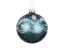 PALLINA DI NATALE IN VETRO BLU OPACO FOGLIE BIANCHE 8 CM