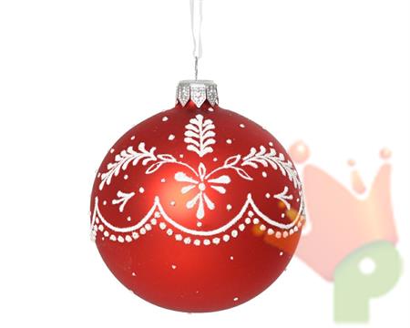 PALLINA DI NATALE IN VETRO ROSSA OPACA DECORO BIANCO 8 CM