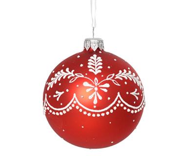PALLINA DI NATALE IN VETRO ROSSA OPACA DECORO BIANCO 8 CM