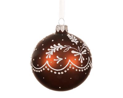PALLINA DI NATALE IN VETRO MARRONE ESPRESSO CON DECORI 8 CM