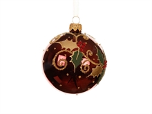 PALLINA DI NATALE VETRO BORDEAUX DECORO AGRIGOFLIO E BACCHE 8 CM