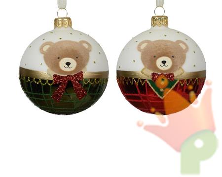 PALLINA DI NATALE IN VETRO CON ORSETTO VERDE/ROSSA 8 CM