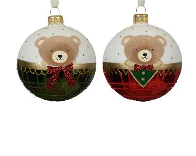 PALLINA DI NATALE IN VETRO CON ORSETTO VERDE/ROSSA 8 CM