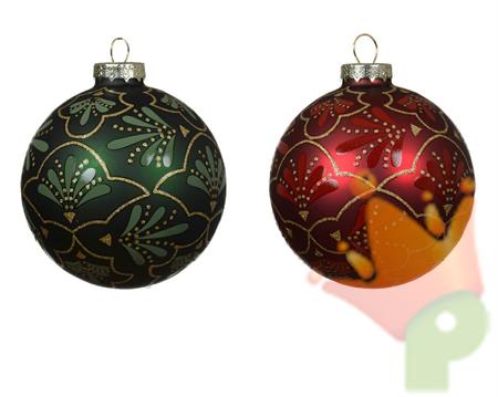 PALLINA DI NATALE IN VETRO ROSSA VERDE CON DECORI E GLITTER 8 CM