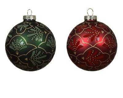 PALLINA DI NATALE IN VETRO ROSSA VERDE CON DECORI E GLITTER 8 CM