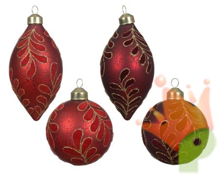 PALLINA DI NATALE IN VETRO ROSSO/BORDEAUX CON DECORO FOGLIE 8 CM