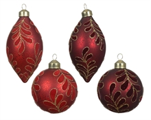 PALLINA DI NATALE IN VETRO ROSSO/BORDEAUX CON DECORO FOGLIE 8 CM