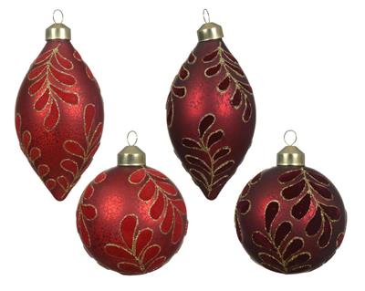 PALLINA DI NATALE IN VETRO ROSSO/BORDEAUX CON DECORO FOGLIE 8 CM