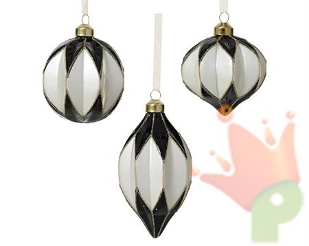 PALLINA DI NATALE IN VETRO BIANCO/NERO ROMBI E GLITTER 8 CM