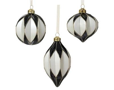 PALLINA DI NATALE IN VETRO BIANCO/NERO ROMBI E GLITTER 8 CM
