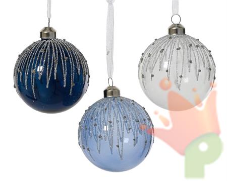 PALLINA IN VETRO TRASPARENTE BIANCA/CELESTE/BLU CON GLITTER 8 CM