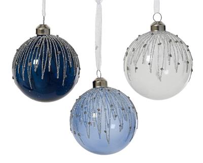 PALLINA IN VETRO TRASPARENTE BIANCA/CELESTE/BLU CON GLITTER 8 CM