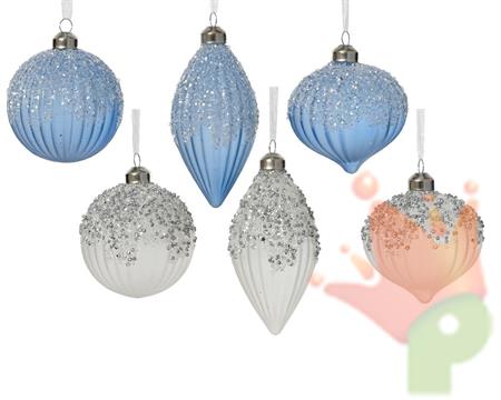PALLINA DI NATALE IN VETRO BIANCA/AZZURRA GLITTER E PERLE 8 CM