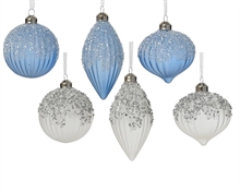 PALLINA DI NATALE IN VETRO BIANCA/AZZURRA GLITTER E PERLE 8 CM